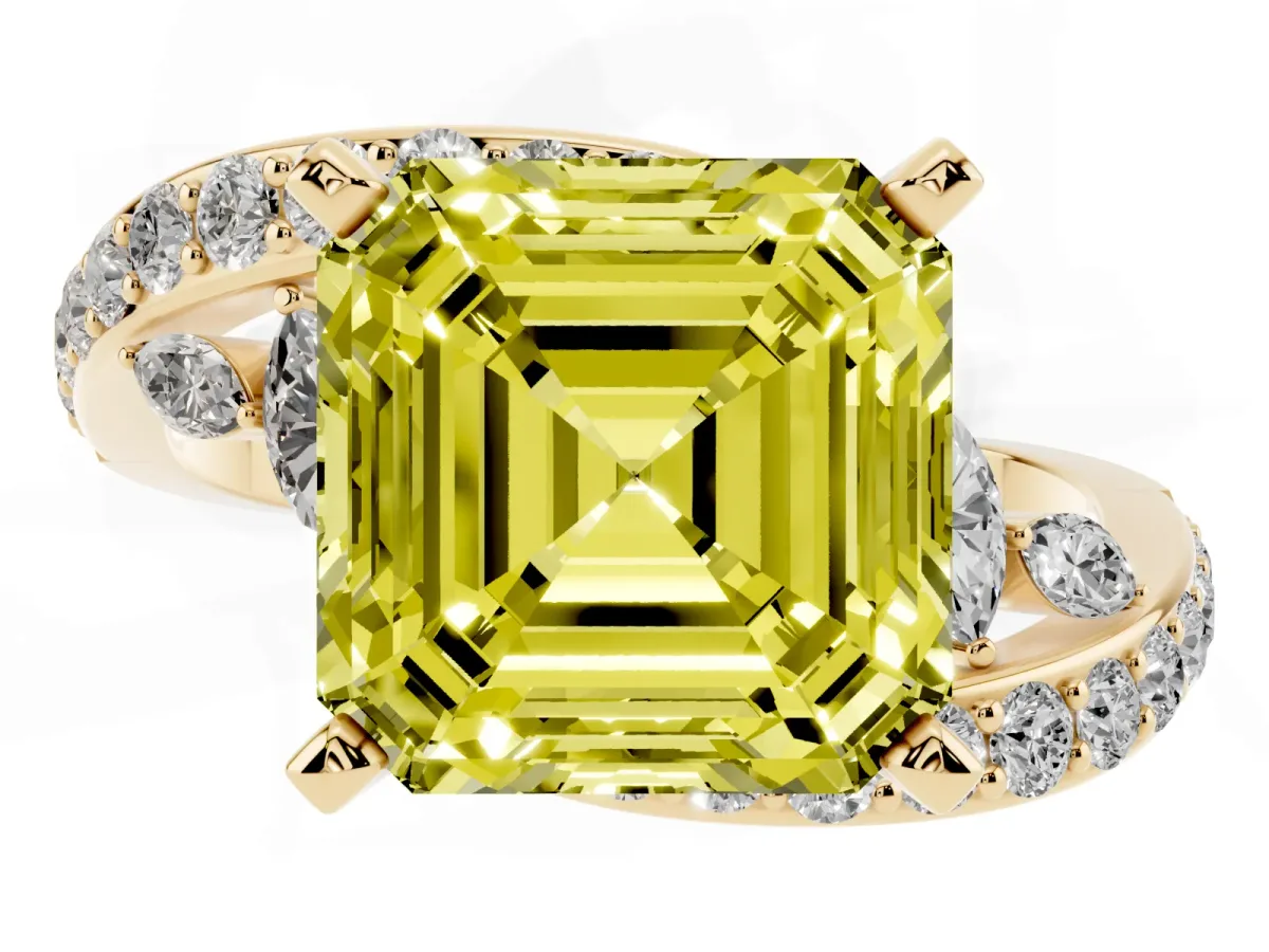 Fancy Yellow Asscher Cut Solitaire with Pavé Twist Band and Four-Prong Setting Yellow gold