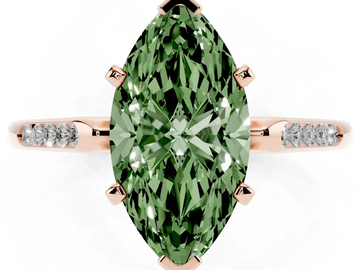 Fancy Green Marquise Cut Diamond Solitaire Ring with Channel Set Round Band and Prong Setting Rose gold