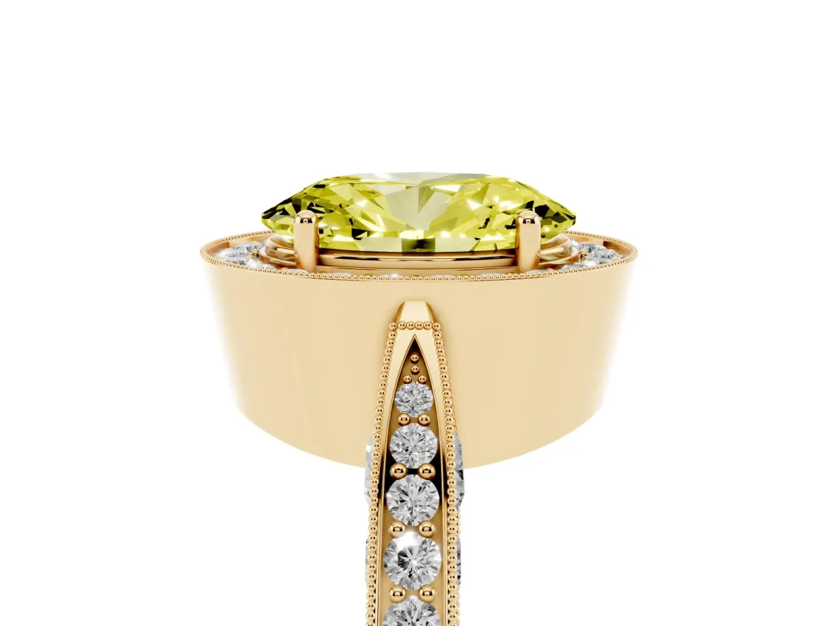Fancy Yellow Oval Cut Halo Diamond Engagement Ring with Split Shank Band and Four-Prong Setting Yellow gold