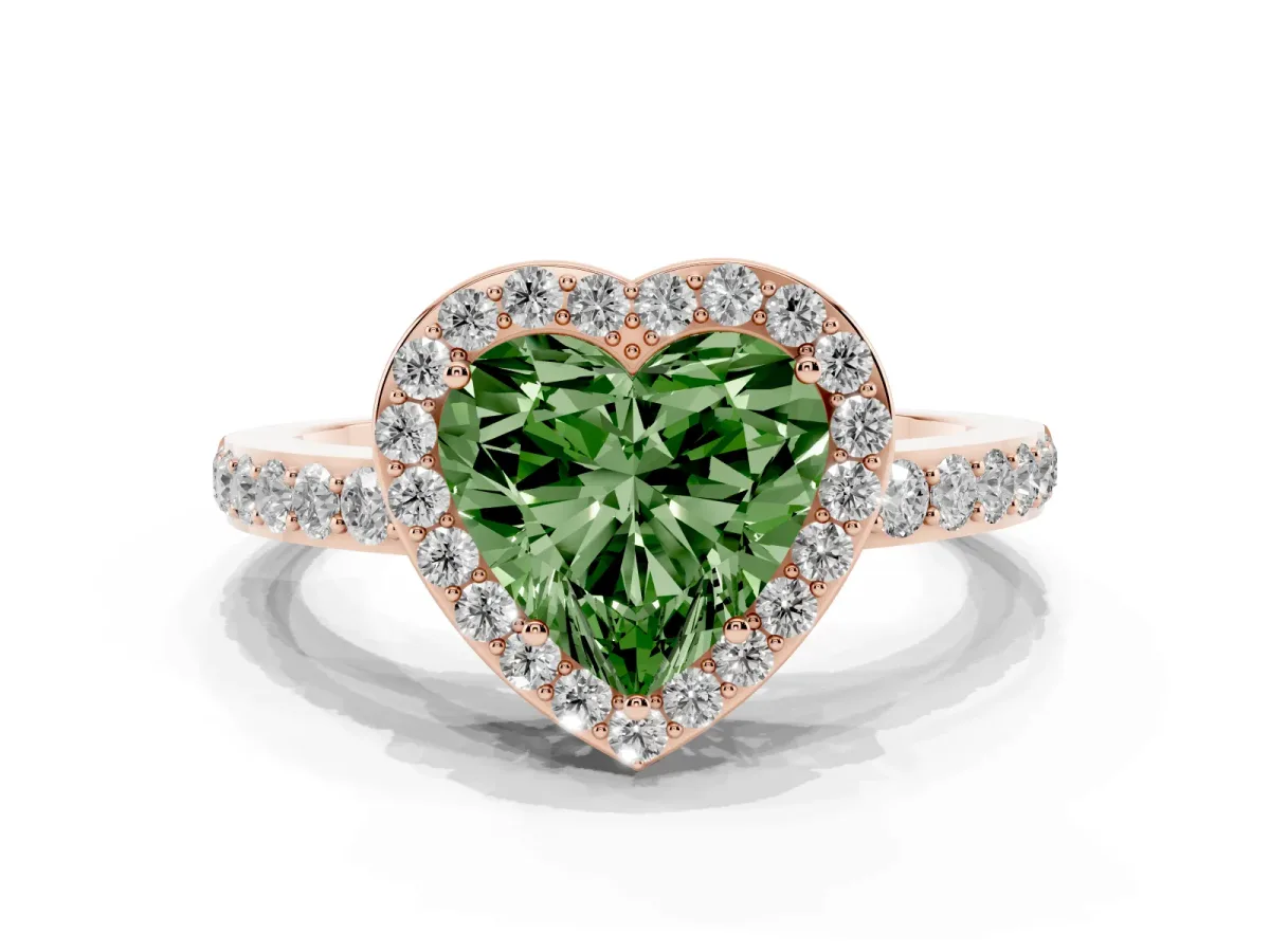 Fancy Green Heart Cut Halo Diamond Pavé Band Ring with Prong Setting Rose gold