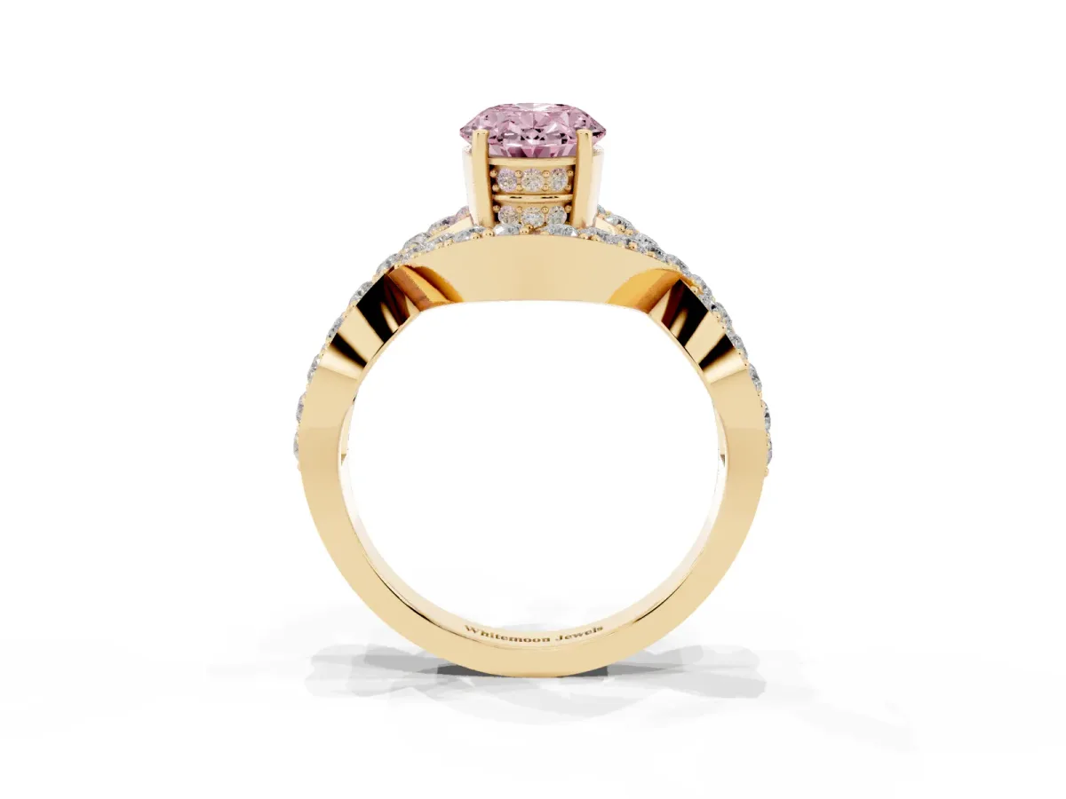 Fancy Pink Oval Cut Solitaire Twist Band Pavé Diamond Engagement Ring Yellow gold