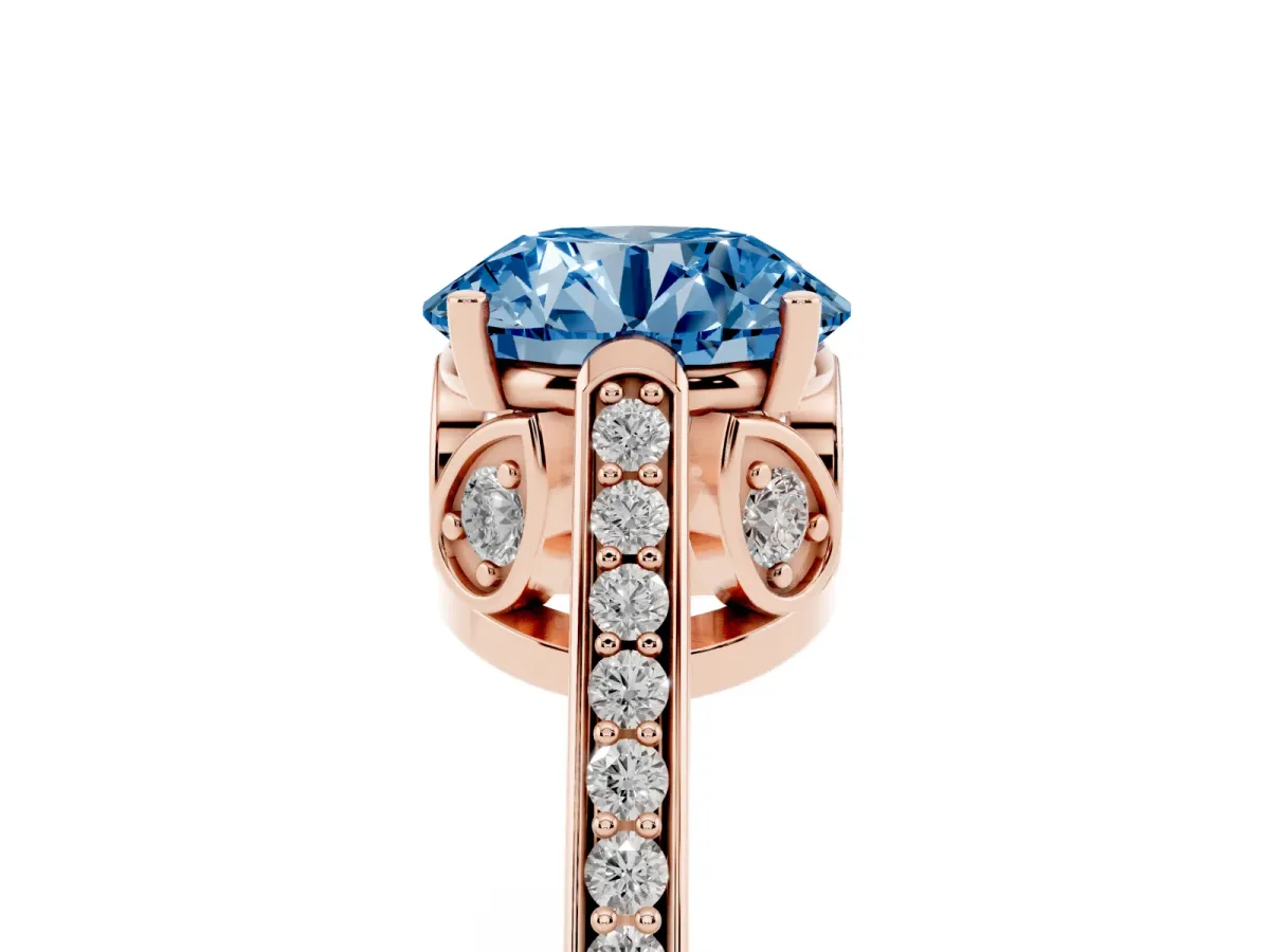 Fancy Blue Round Cut Cut Cathedral Pave Diamond Engagement Ring with Six-Prong Setting Rose gold
