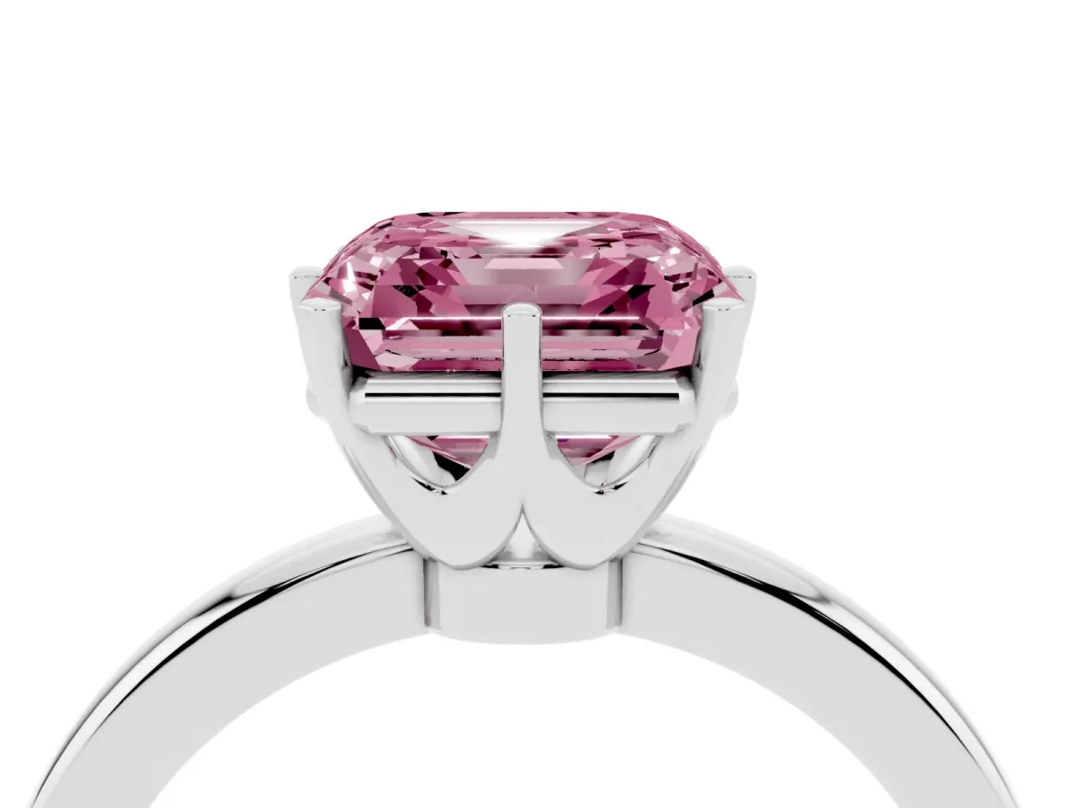 Fancy Pink Asscher Cut Solitaire Diamond Ring with Six-Prong Setting on a Classic Band Silver