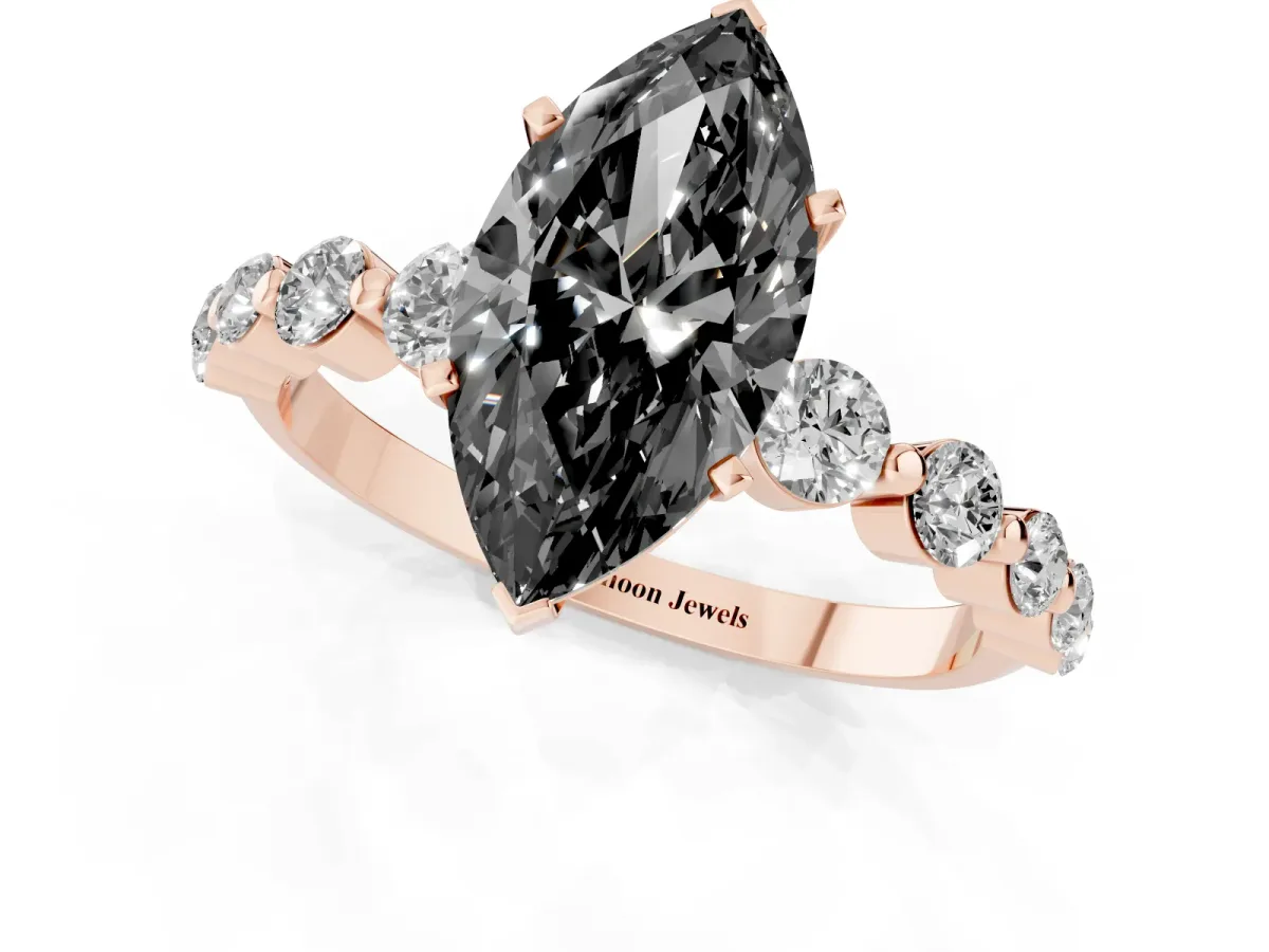 Fancy Black Marquise Cut Solitaire Diamond Ring with Pave Band and Four-Prong Setting Rose gold