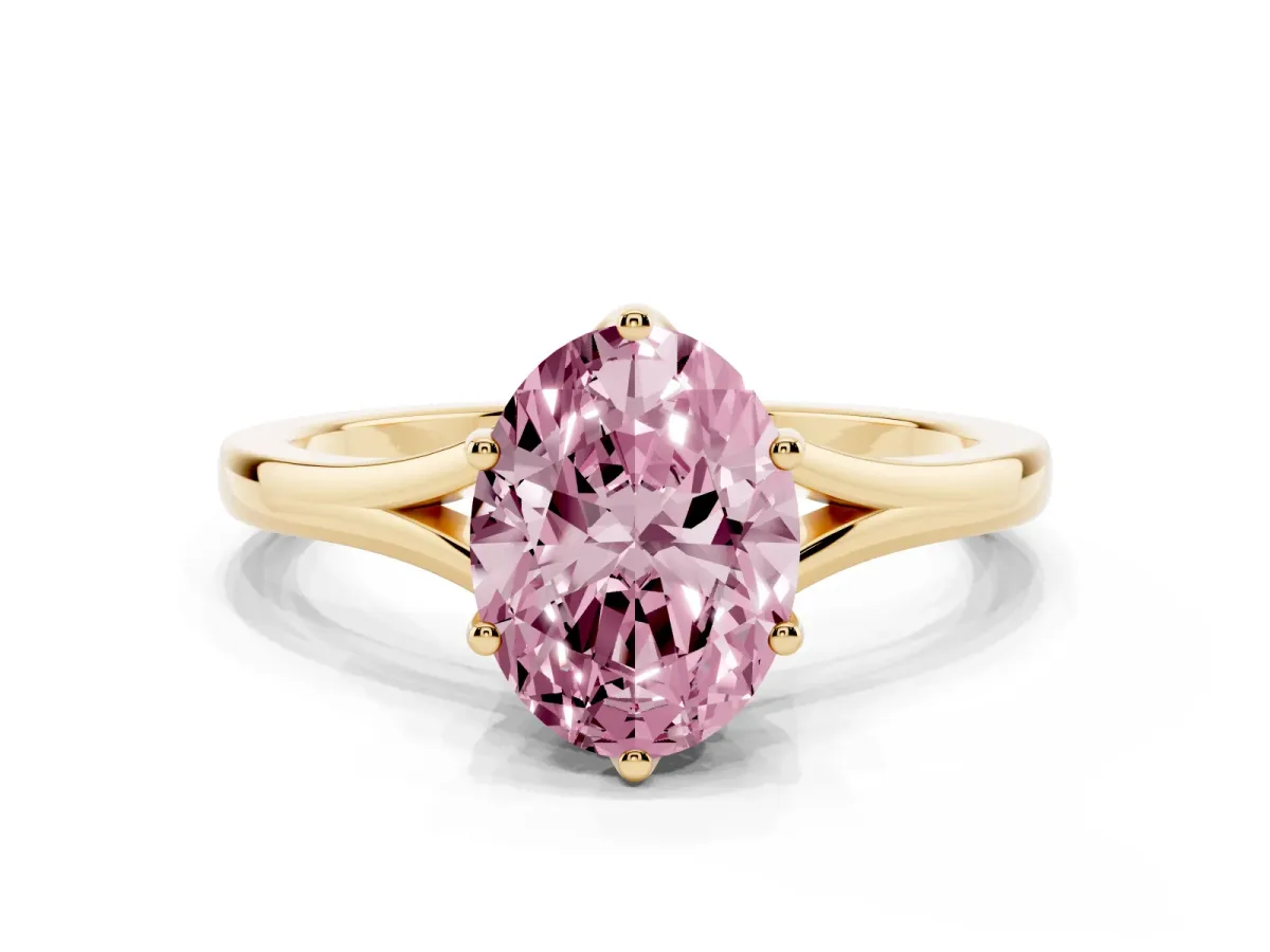 Fancy Pink Oval Cut Solitaire Diamond Ring with Six-Prong Setting and Tapered Band Yellow gold