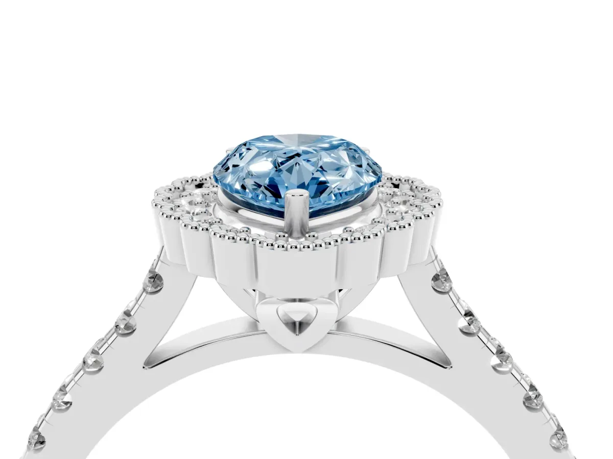 Fancy Blue Pear Cut Cut Diamond Milgrain Floral Halo Engagement Ring with Pavé Band White gold