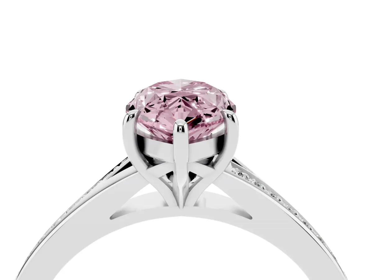Fancy Pink Marquise Cut Diamond Solitaire Ring with Pavé Band and Prong Setting Silver