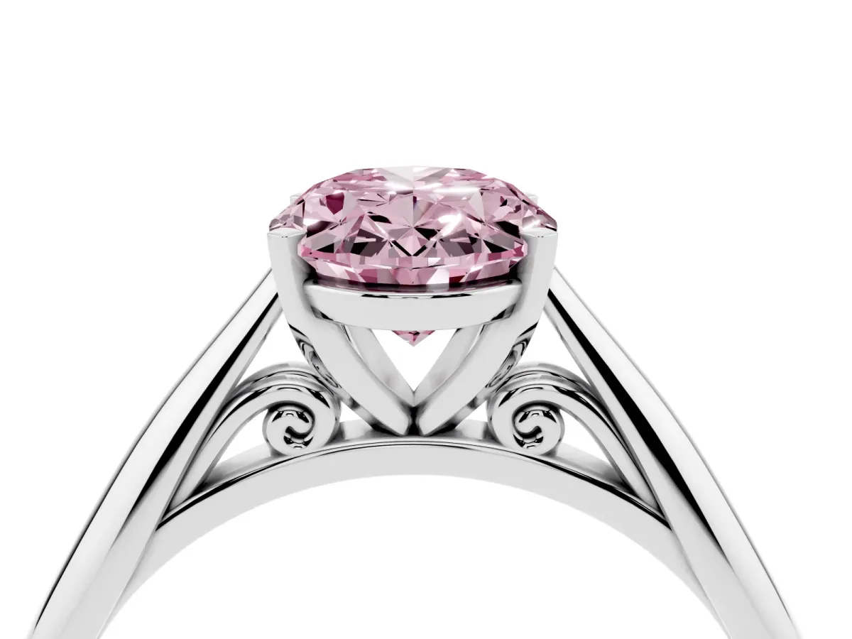 Fancy Pink Oval Cut Diamond Solitaire Engagement Ring with Cathedral Setting and Four-Prong Mount Silver