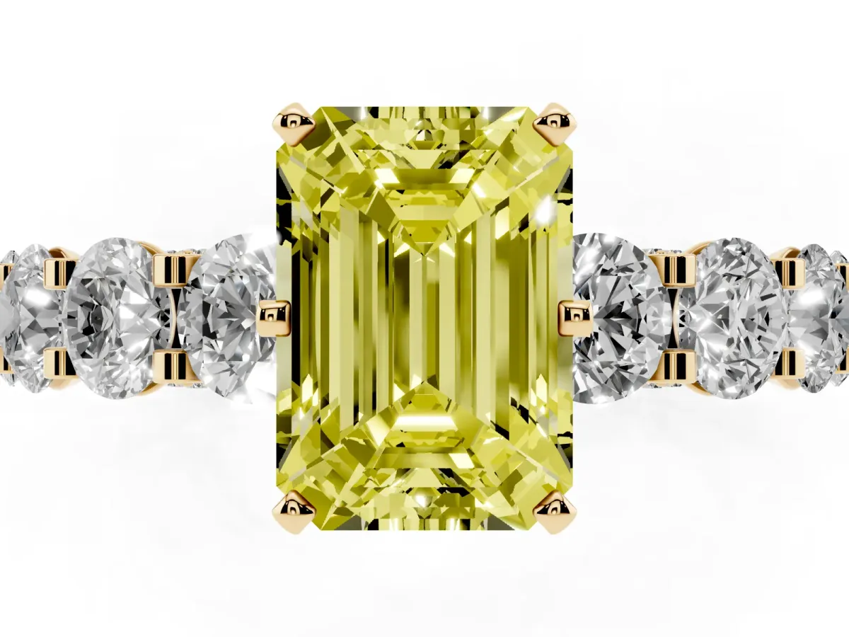 Fancy Yellow Emerald Cut Diamond Side Stone Engagement Ring with Four-Prong Setting Yellow gold