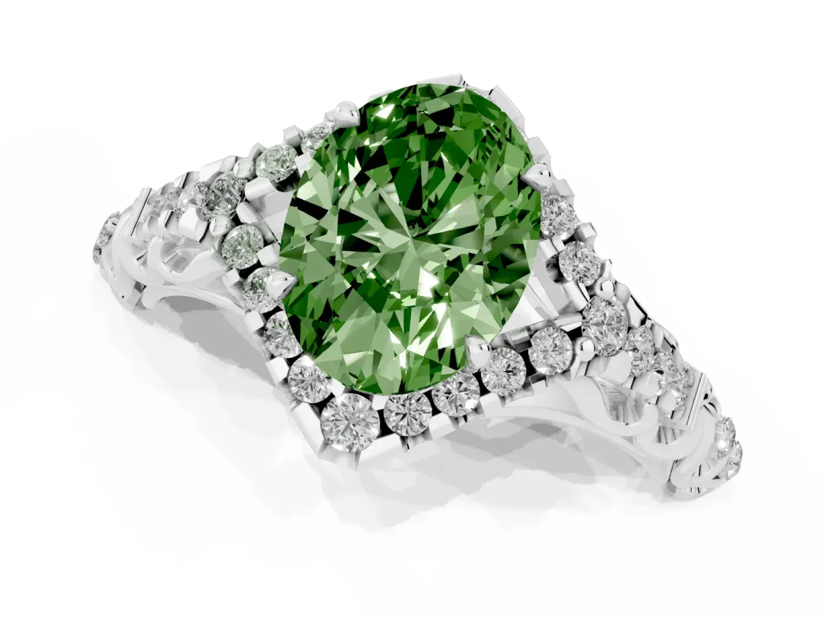 Fancy Green Oval Cut Diamond Solitaire Ring with Hidden Halo and Pavé Band Silver