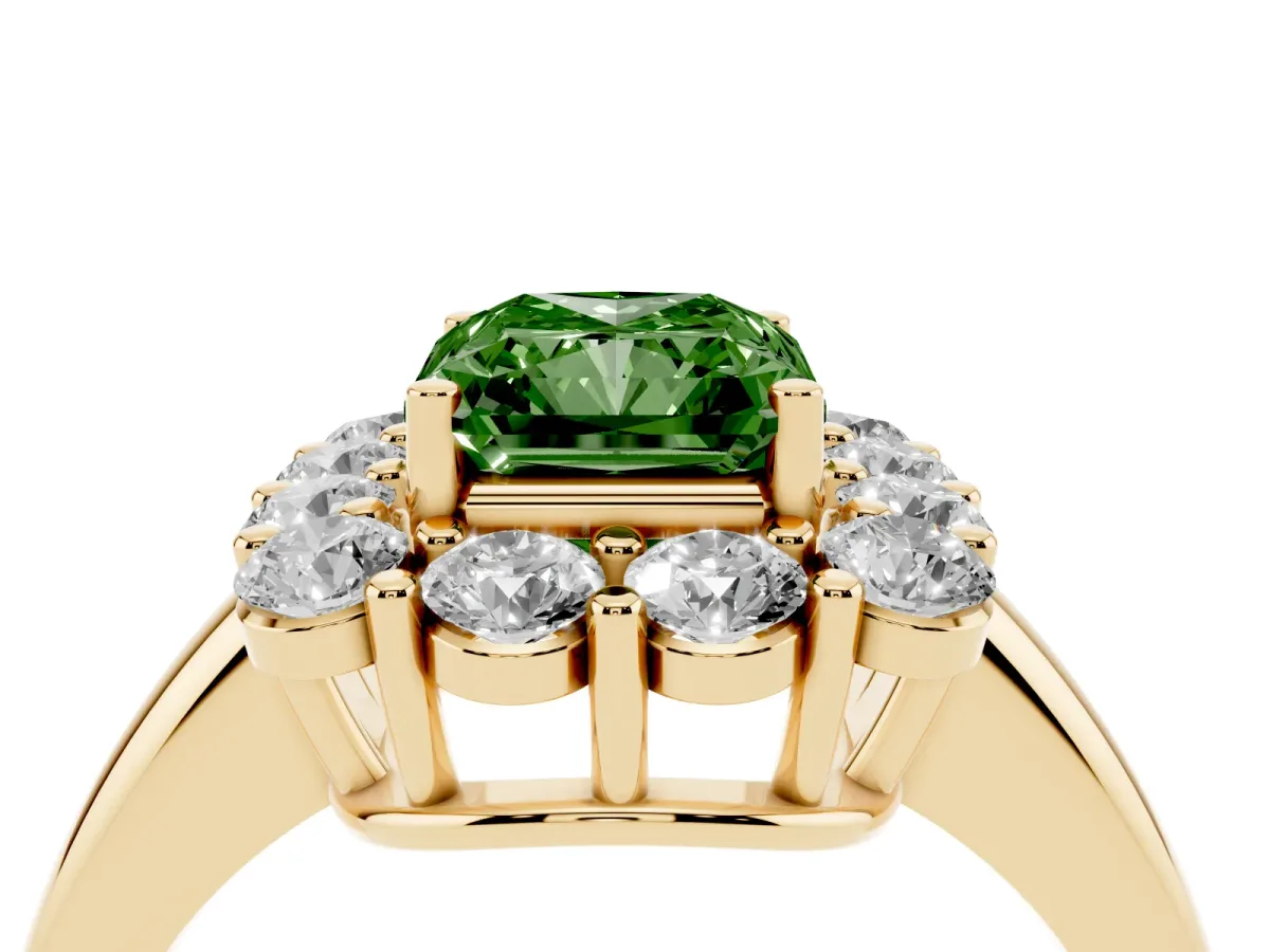 Fancy Green Radiant Cut Halo Cluster Diamond Engagement Ring with Prong Setting and Polished Band Yellow gold