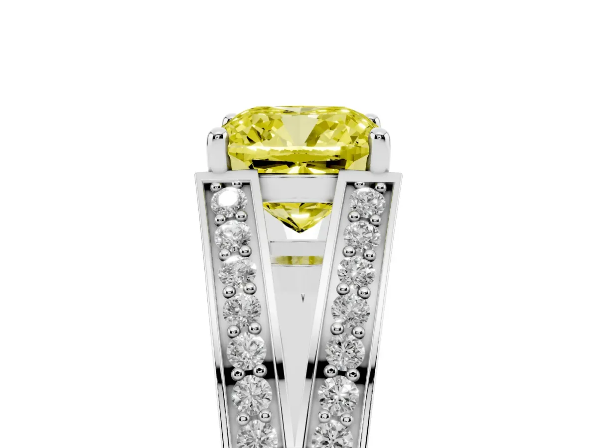 Fancy Yellow Cushion Cut Diamond Split Shank Ring with Pavé Band and Four-Prong Setting White gold