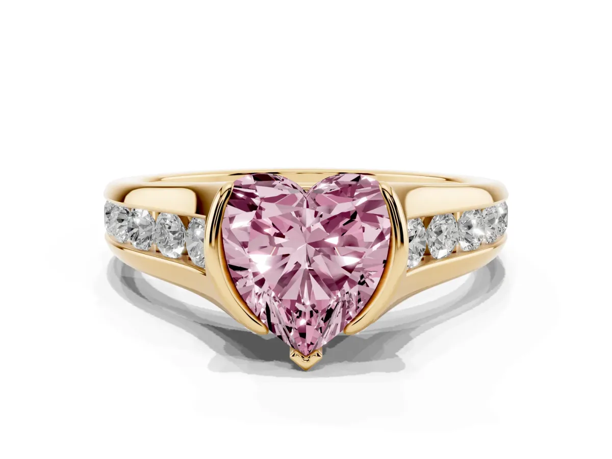 Fancy Pink Heart Cut Solitaire Bezel-Set Diamond Ring with Channel-Set Band Yellow gold