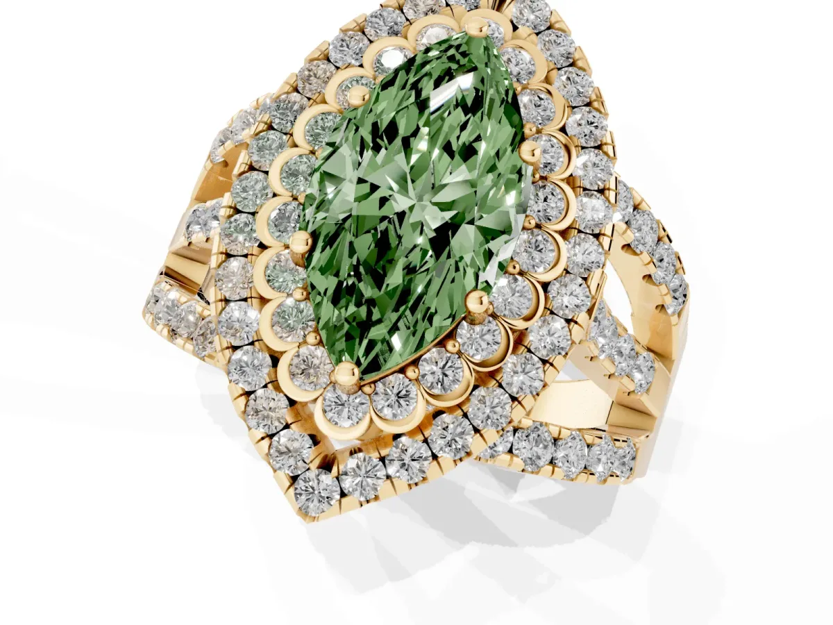 Fancy Green Marquise Cut Diamond Double Halo Ring with Round Pavé Split Shank and Prong Setting Yellow gold