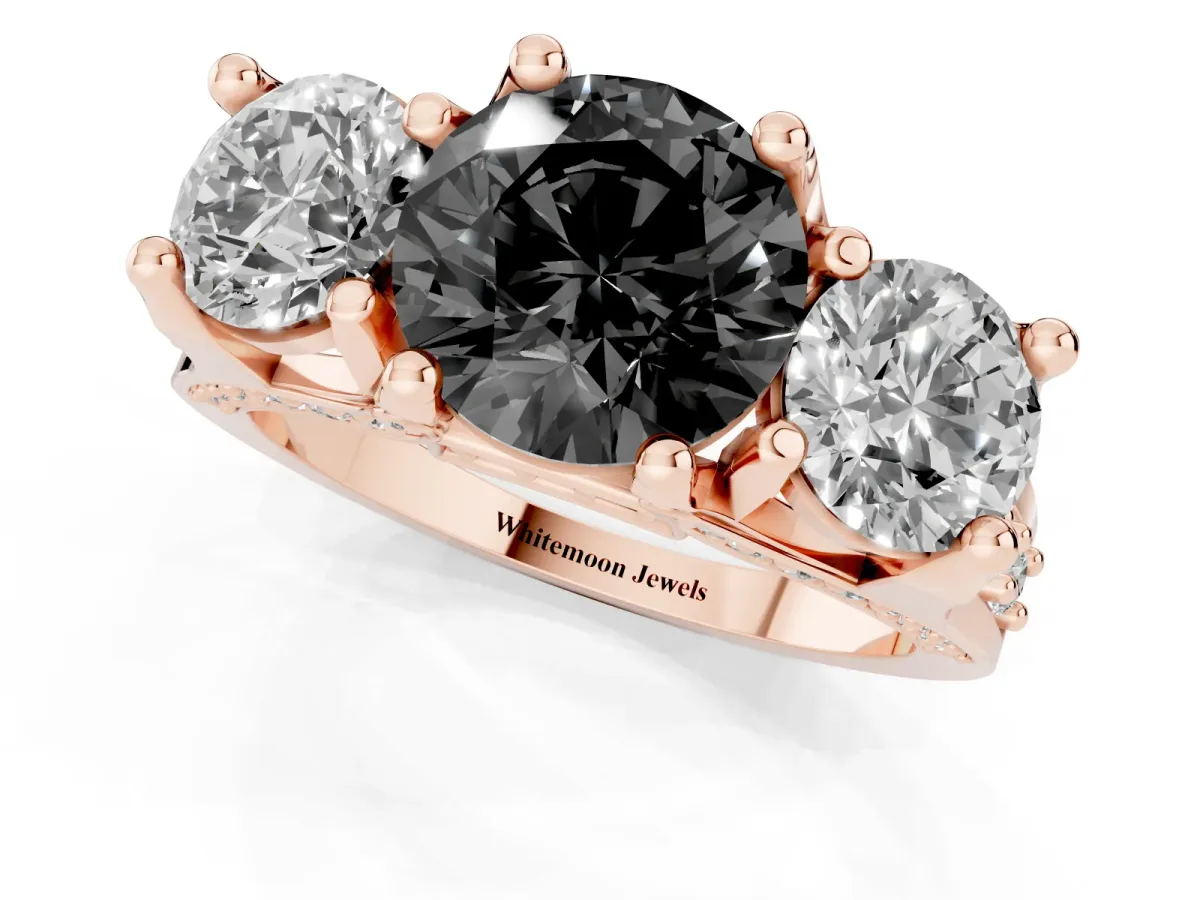 Fancy Black Round Cut Diamond Three-Stone Ring with Channel Set Band and Four-Prong Setting Rose gold