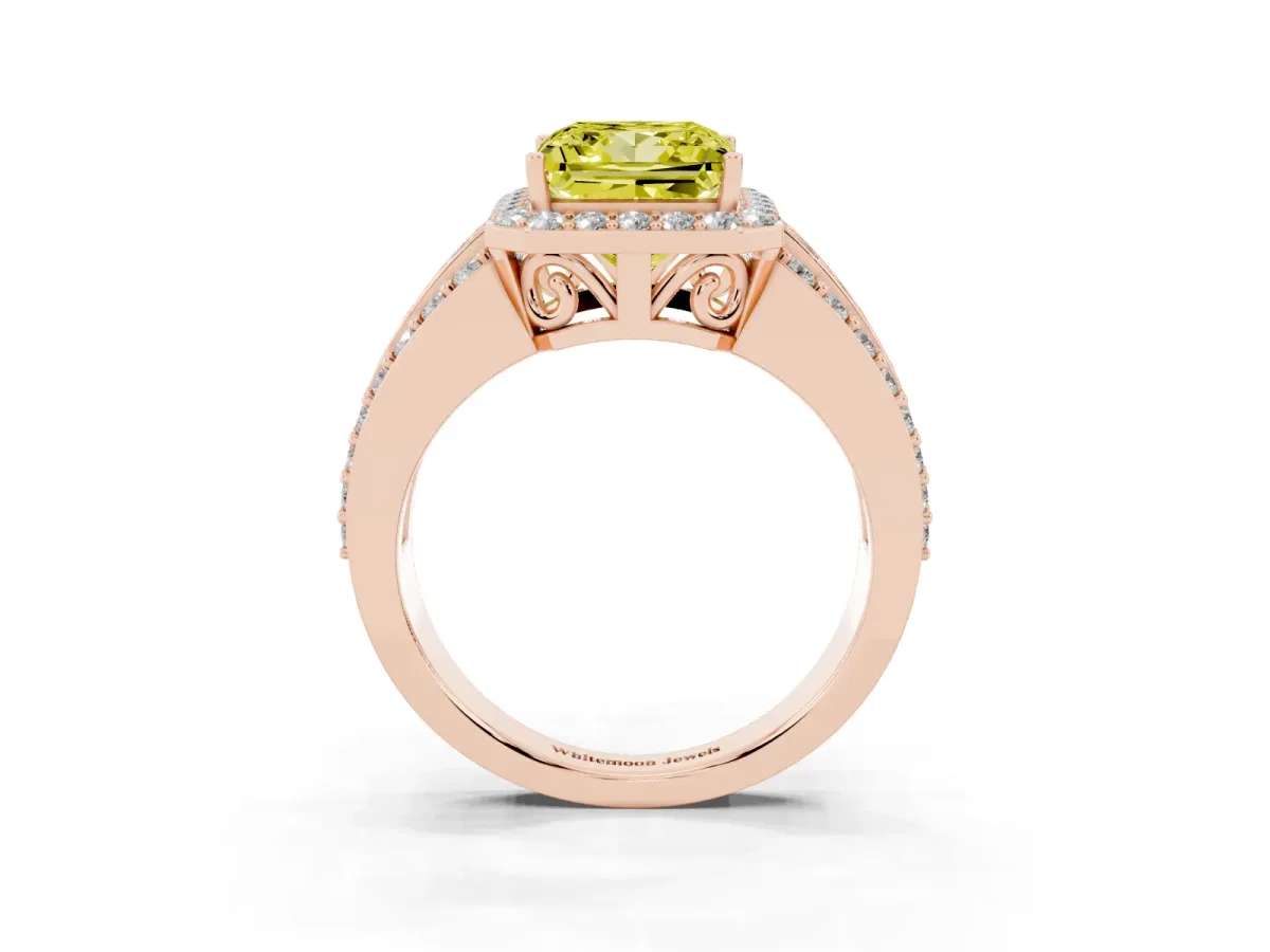 Fancy Yellow Princess Cut Halo Diamond Ring with Round Split Shank and Prong Setting Rose gold
