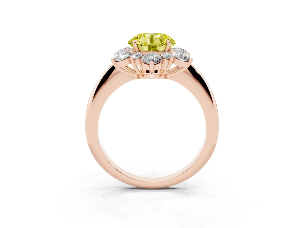 Fancy Yellow Round Cut Diamond Cluster Halo Ring with Solitaire Band and Four-Prong Setting Rose gold