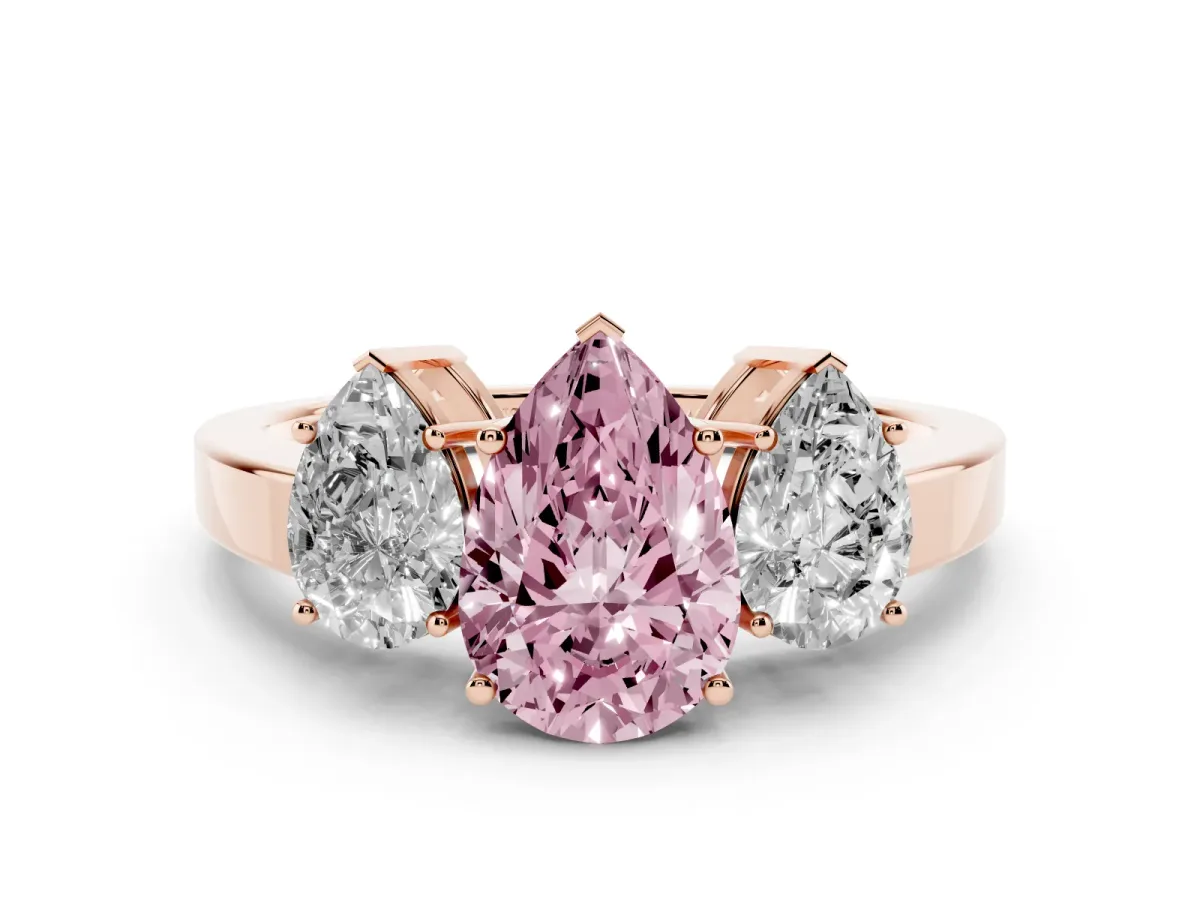 Fancy Pink Three-Stone Pear Cut Cut Diamond Engagement Ring with Flat Band and Four-Prong Setting Rose gold