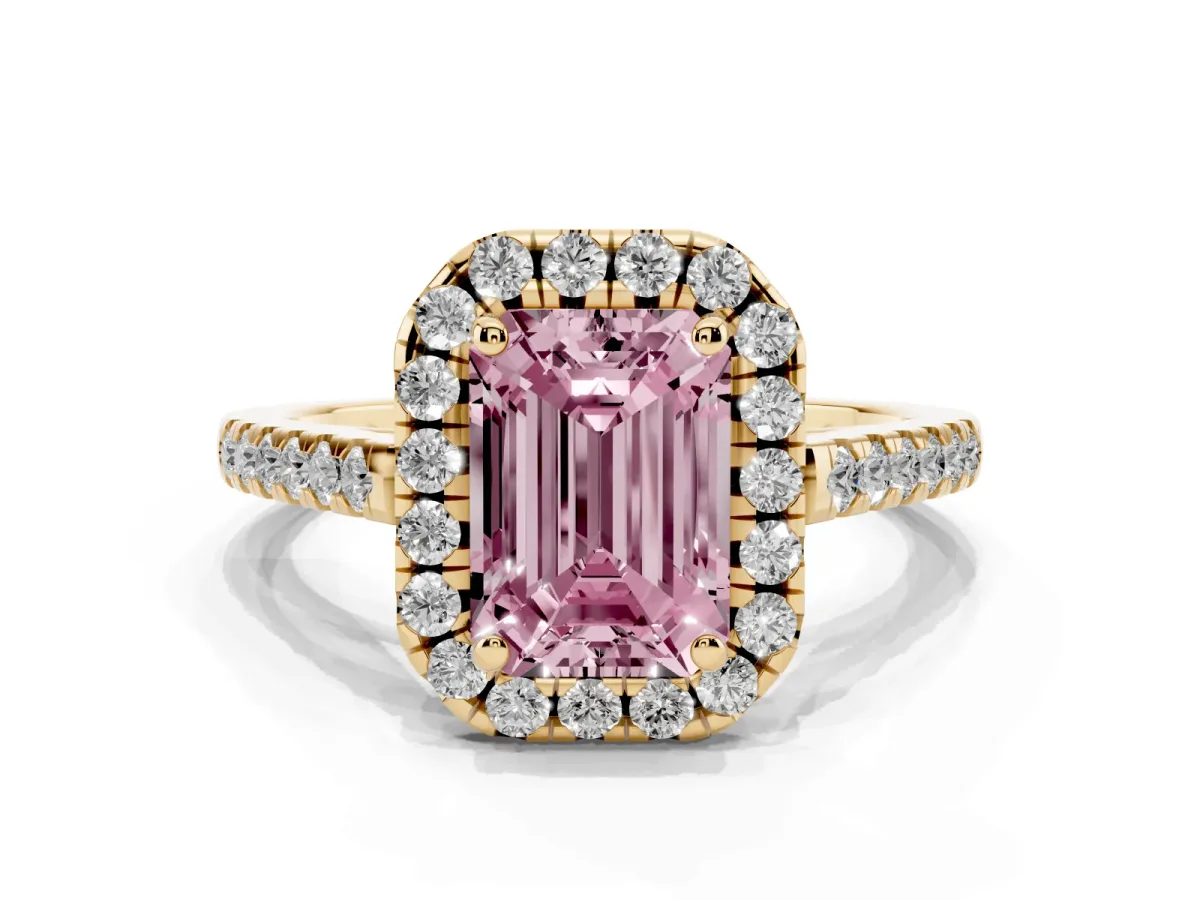 Fancy Pink Emerald Cut Halo Pavé Diamond Engagement Ring with Four-Prong Setting Yellow gold