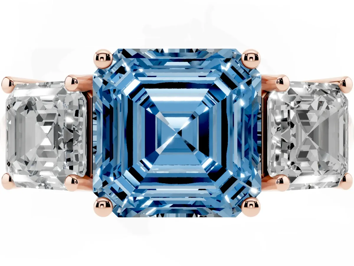 Fancy Blue Three-Stone Asscher Cut Diamond Engagement Ring with Prong Setting Rose gold