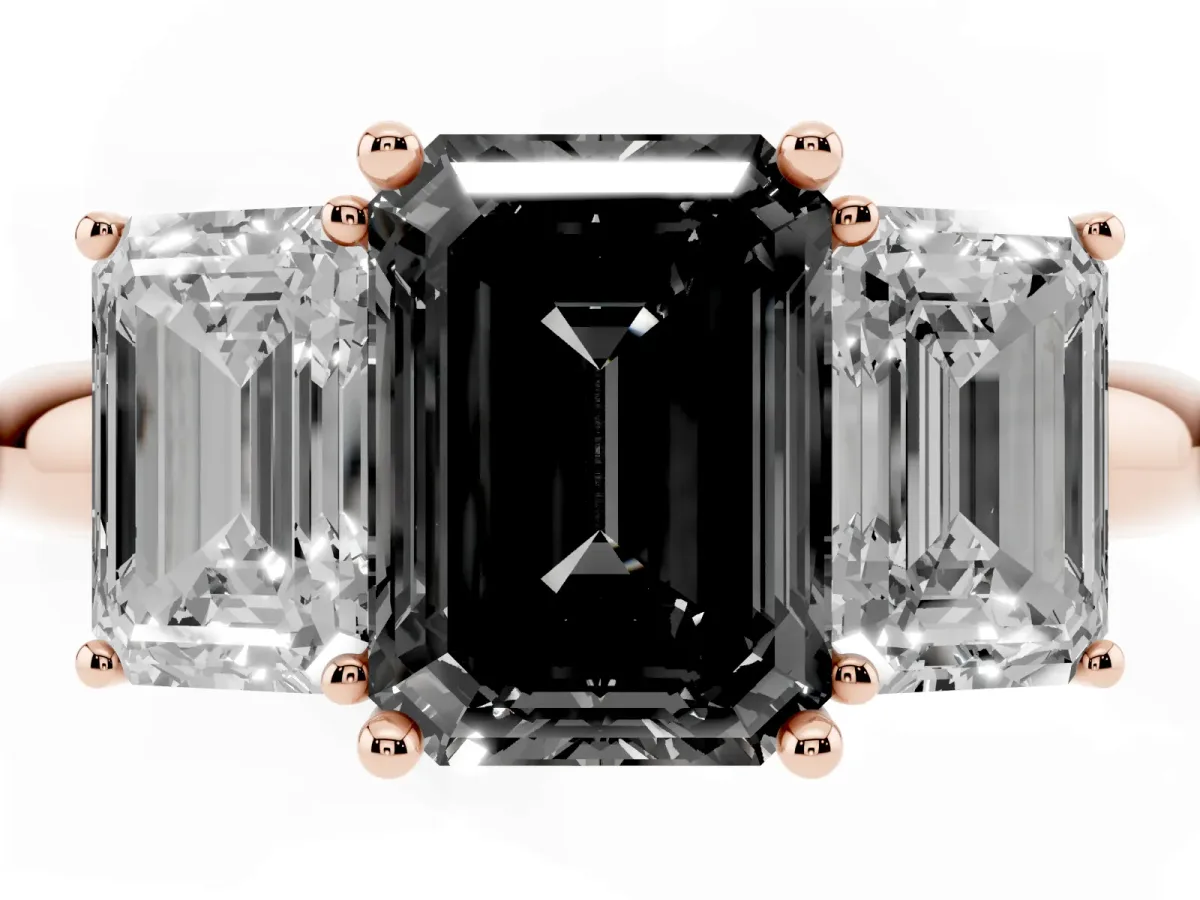Fancy Black Three-Stone Emerald Cut Cut Diamond Engagement Ring with Prong Setting on a White Gold Band Rose gold
