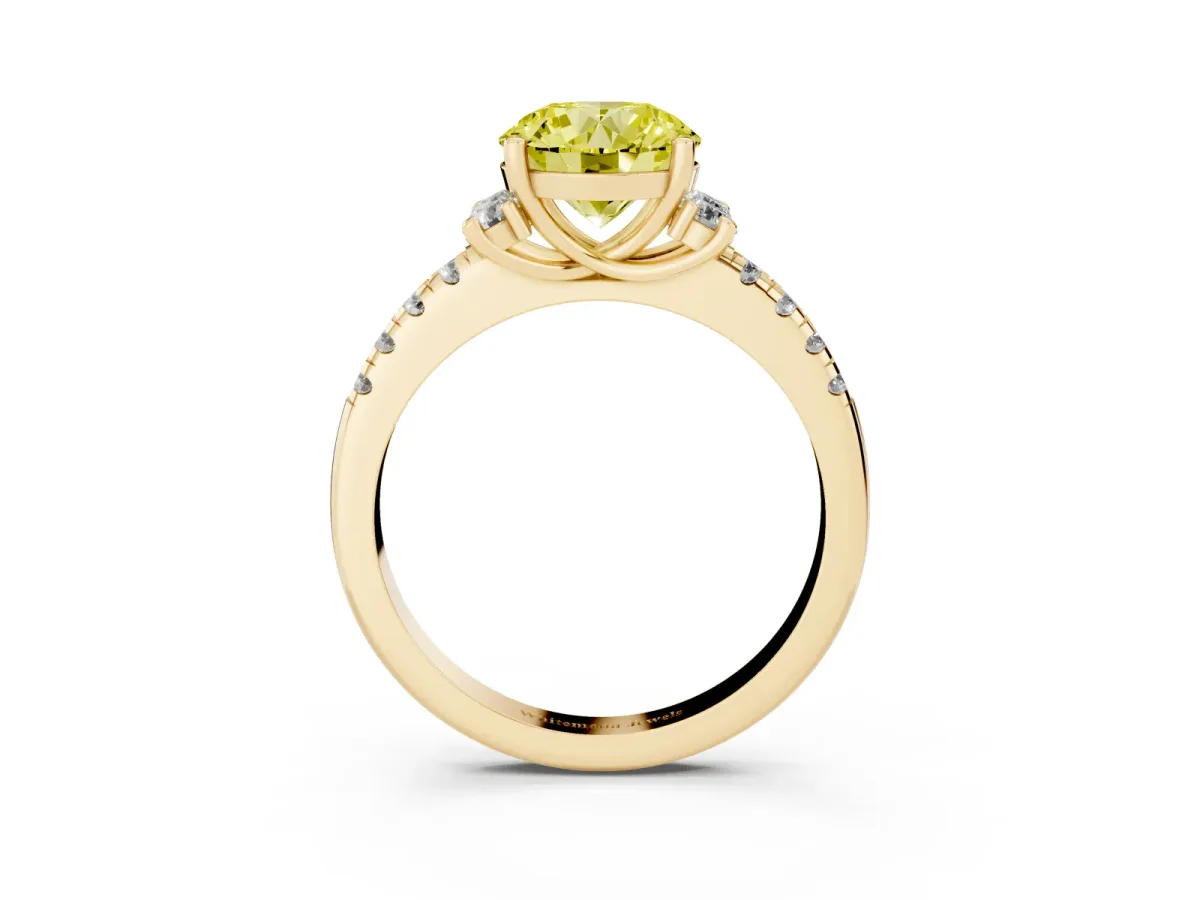 Fancy Yellow Round Cut Diamond Three-Stone Pave Band with Four-Prong Setting Yellow gold