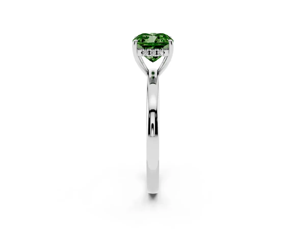 Fancy Green Cushion Cut Solitaire Diamond Ring with Prong Setting and Plain Band Silver