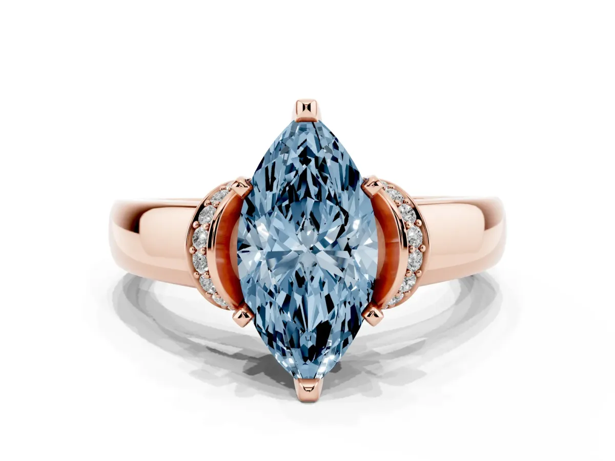 Fancy Blue Marquise Cut Solitaire Diamond Ring with Pave Band and Six-Prong Setting Rose gold