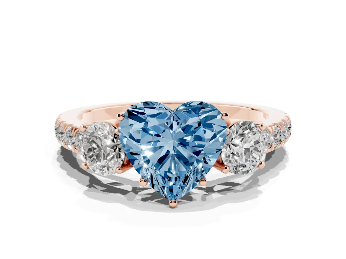 Fancy Blue Heart Cut Cut Diamond Three-Stone Ring with Round Side Stones and Pavé Band Rose gold