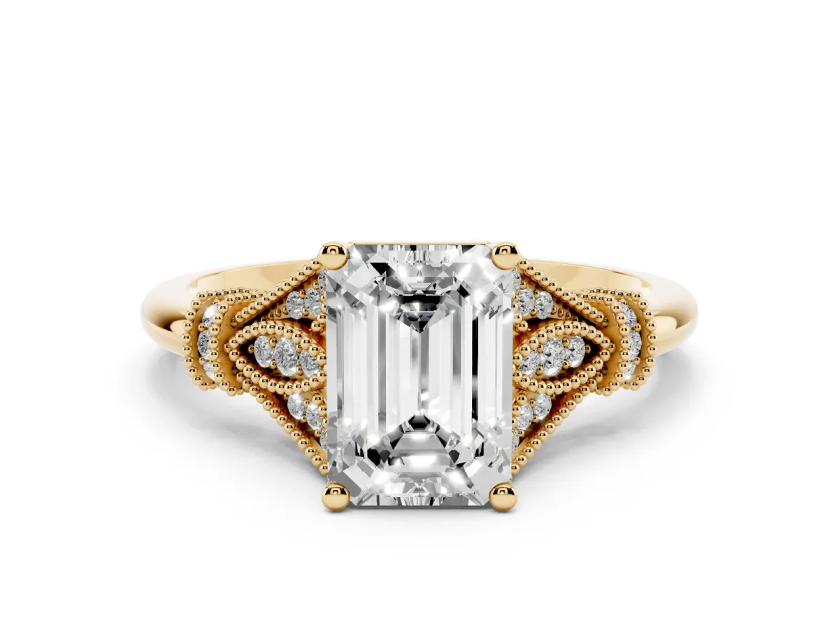 Emerald Cut Diamond Solitaire Ring with Floral Filigree and Pave Accents Yellow gold