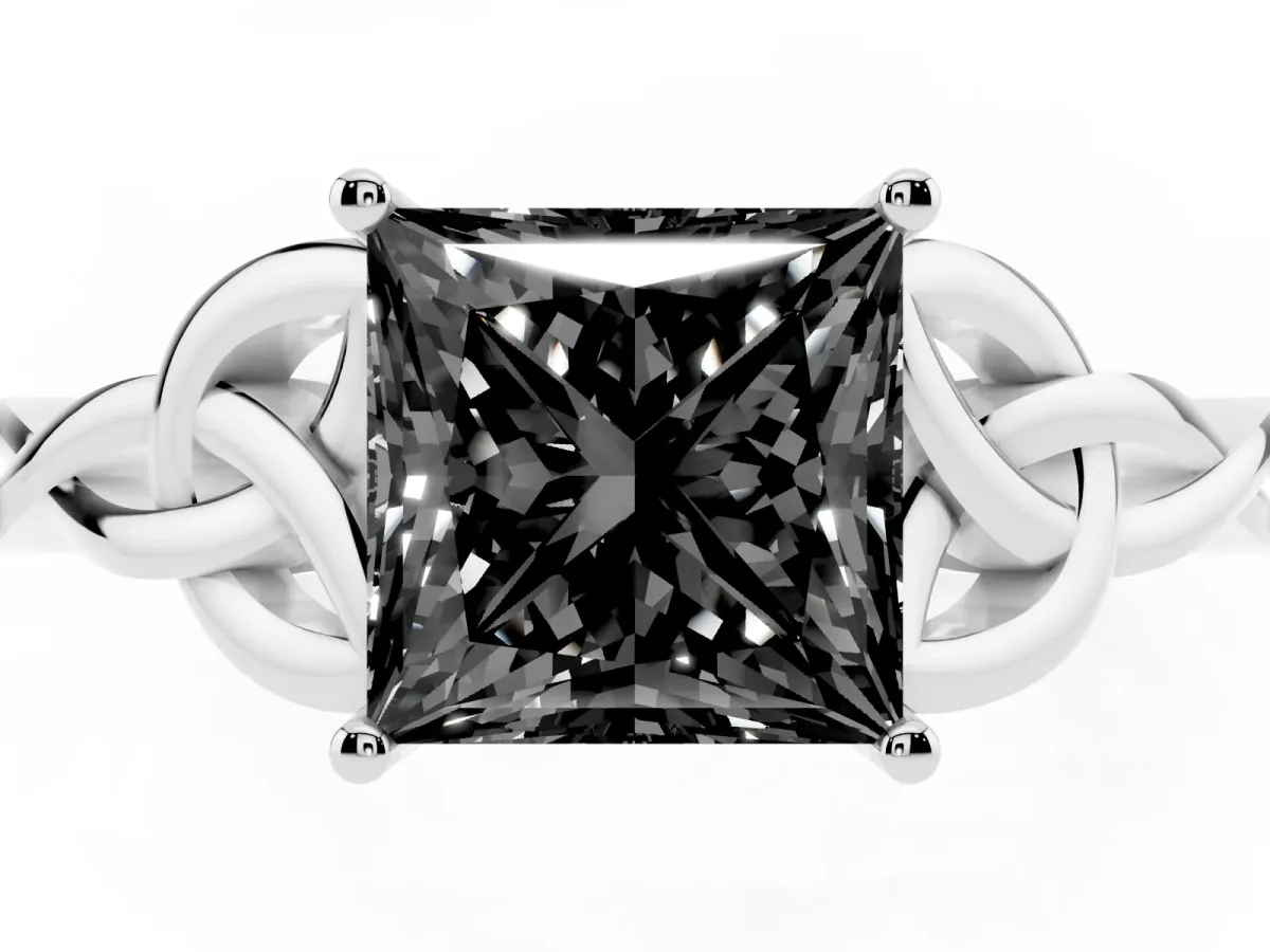 Fancy Black Princess Cut Diamond Solitaire Engagement Ring with Celtic Knot Band and Four-Prong Setting Platinum