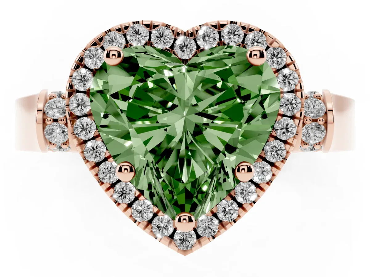 Fancy Green Heart Cut Halo Pave Split Shank Prong Setting Ring Rose gold