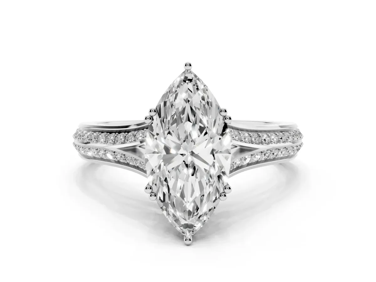 Marquise Cut Diamond Split Shank Engagement Ring with Pavé Band Silver