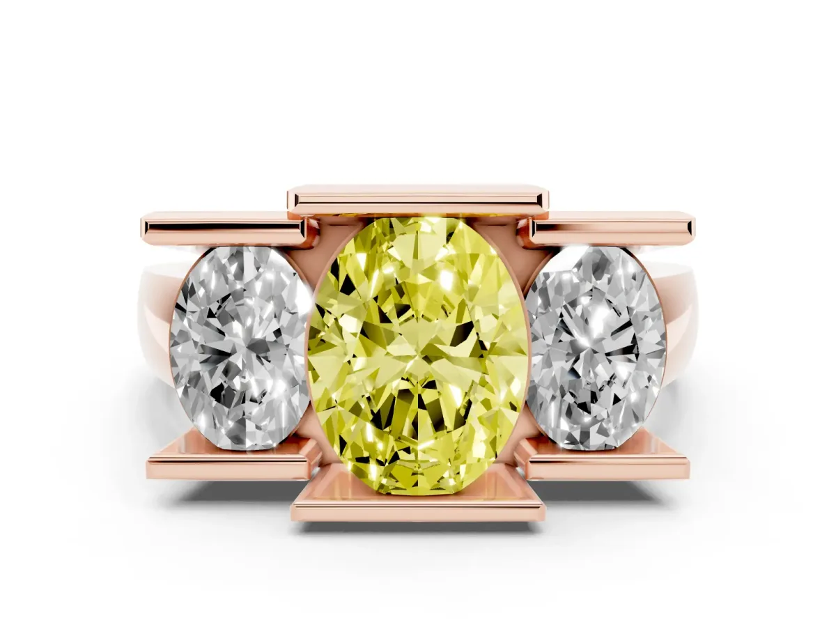 Fancy Yellow Three Stone Oval Cut Cut Channel Set Diamond Ring Rose gold