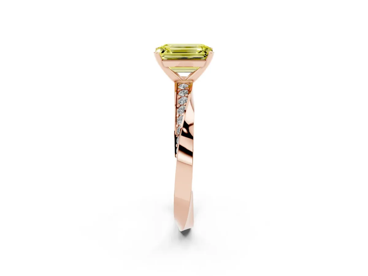 Fancy Yellow Emerald Cut Diamond Engagement Ring with Side Stone Accents and Four-Prong Setting Rose gold