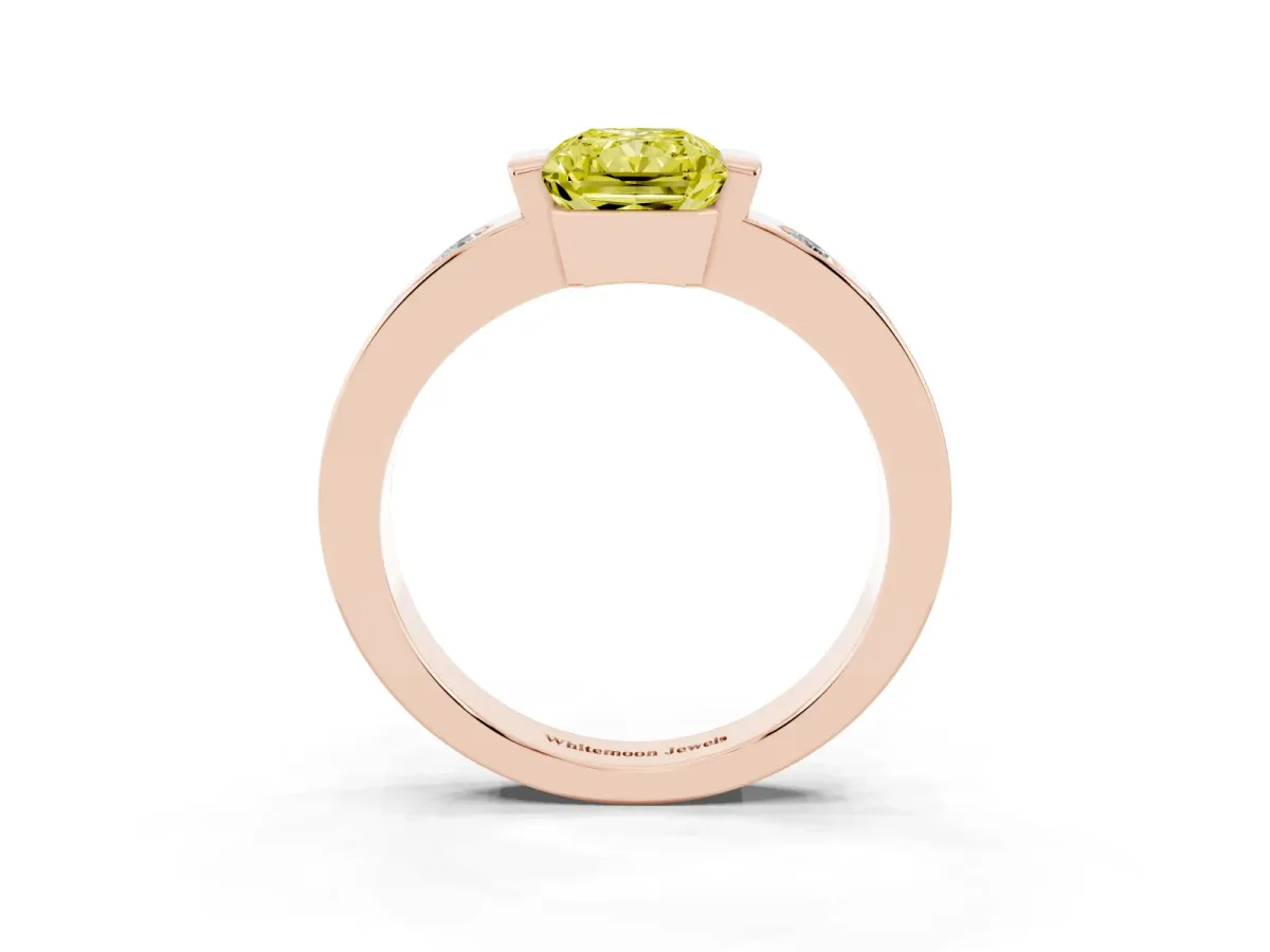 Fancy Yellow Radiant Cut Brilliant Channel-Set Diamond Ring with Bezel Prong Setting Rose gold