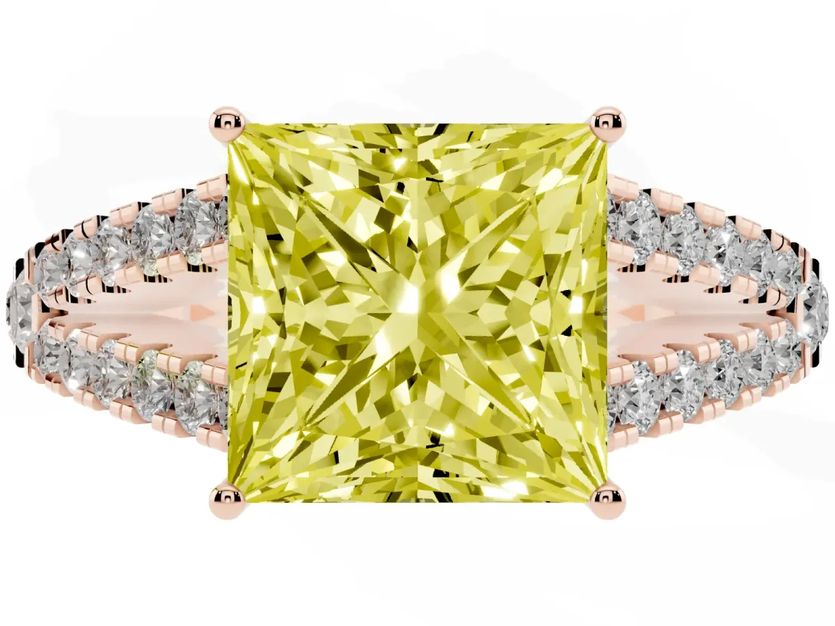 Fancy Yellow Princess Cut Diamond Split Shank Pavé Engagement Ring with Four-Prong Setting Rose gold