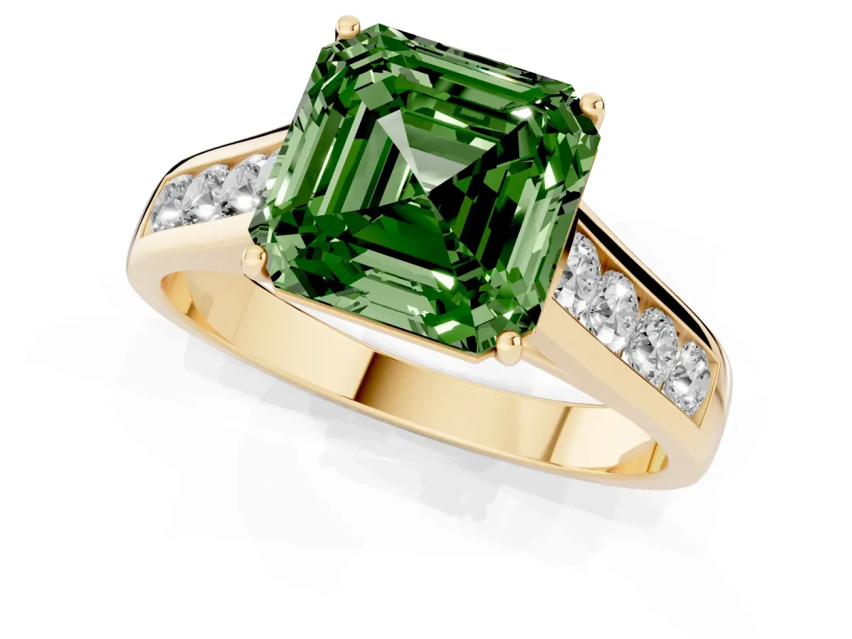 Fancy Green Asscher Cut Brilliant Channel-Set Solitaire Ring with Four-Prong Setting Yellow gold