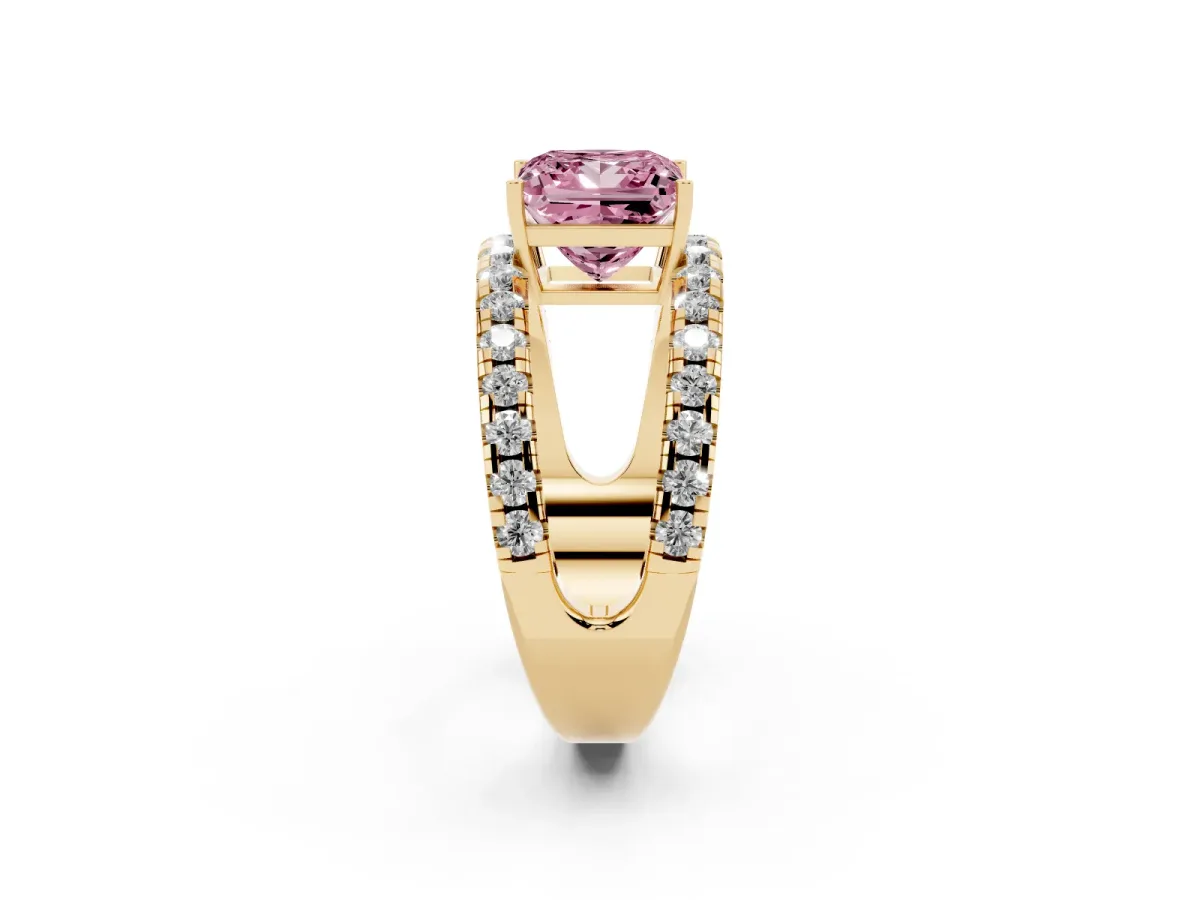Fancy Pink Princess Cut Solitaire Split Shank Pave Diamond Ring Yellow gold