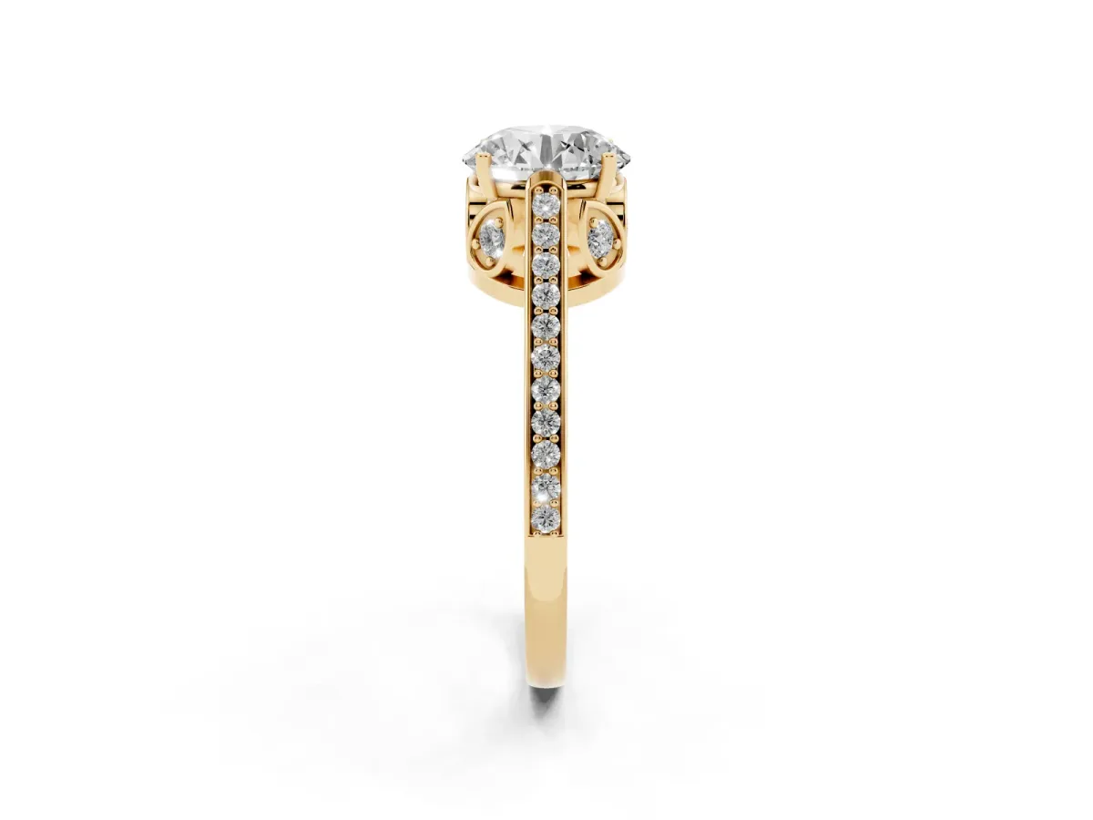 Round Cut Cut Cathedral Pave Diamond Engagement Ring with Six-Prong Setting Yellow gold