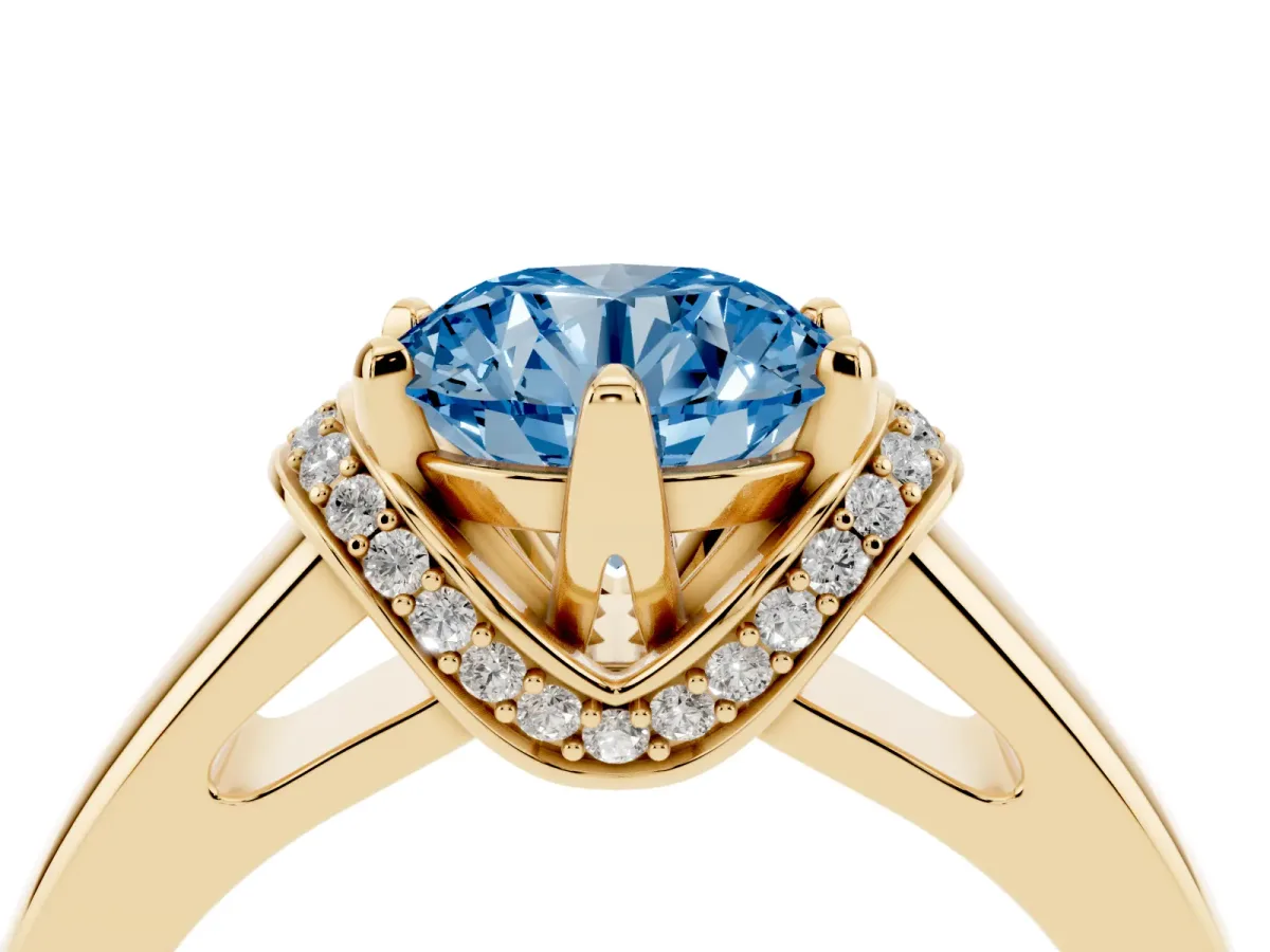 Fancy Blue Round Cut Solitaire Diamond Ring with Pave Band and Six-Prong Setting Yellow gold