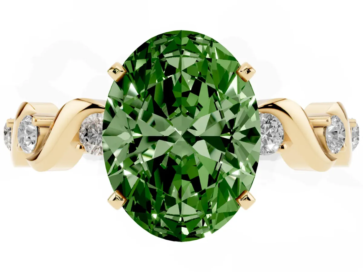 Fancy Green Oval Cut Diamond Solitaire Twisted Band with Round Accents and Prong Setting Yellow gold