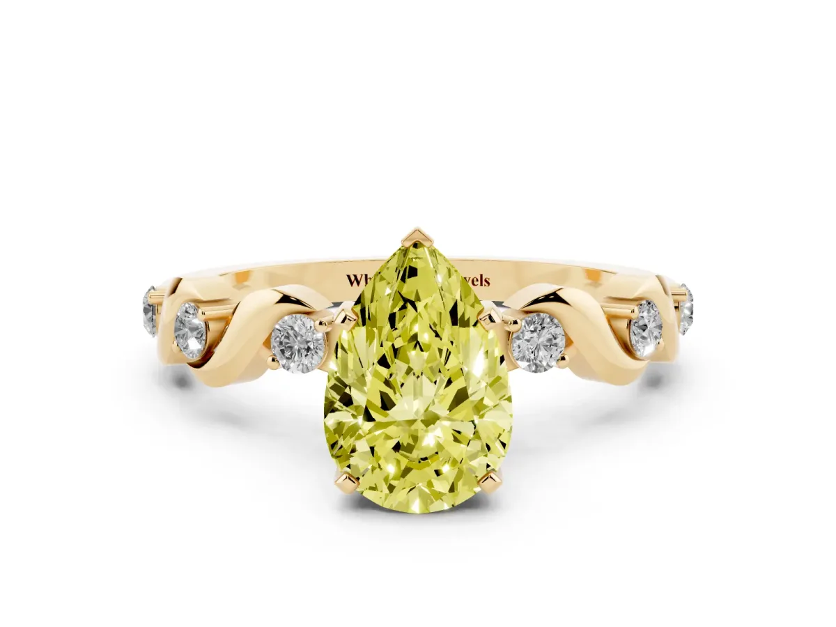 Fancy Yellow Pear Cut Diamond Solitaire Twisted Band with Round Accents and Prong Setting Yellow gold
