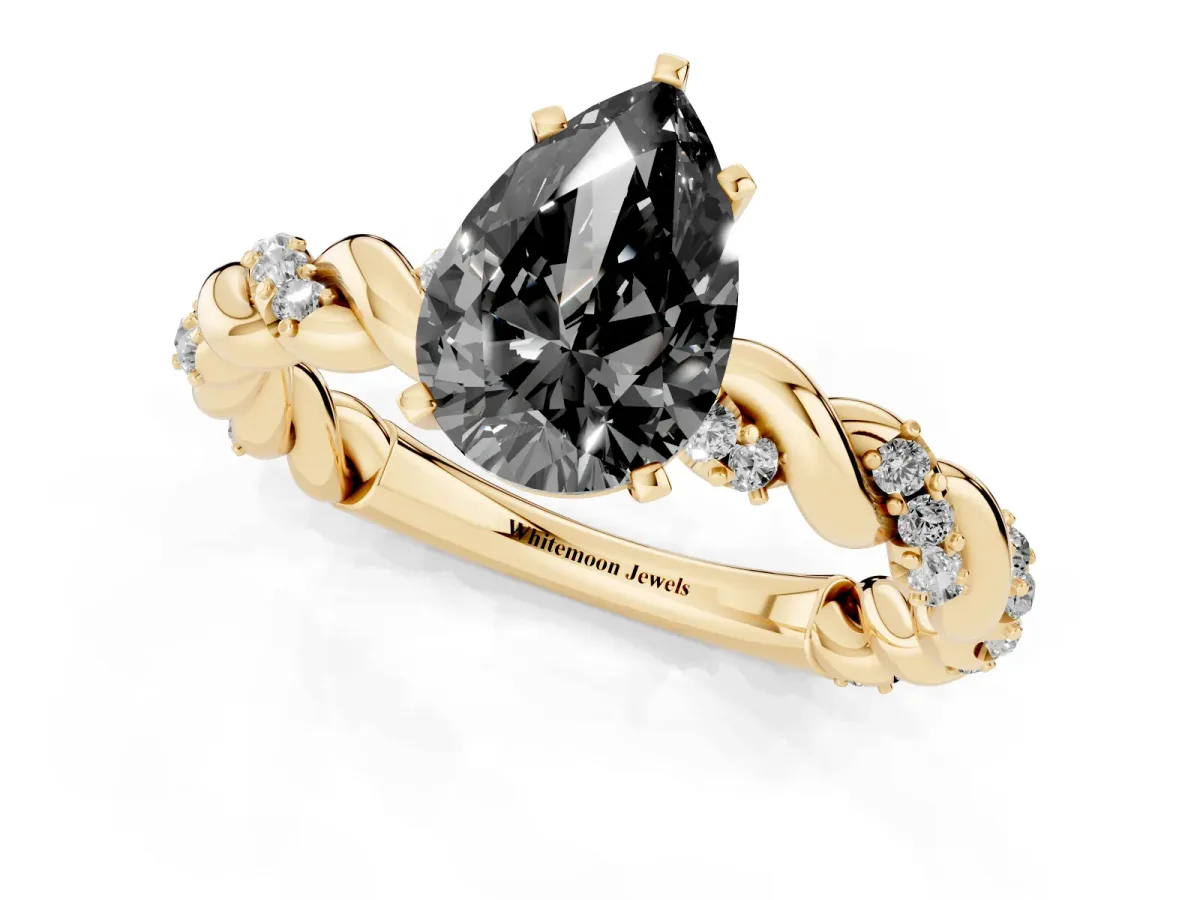 Fancy Black Pear Cut Diamond Solitaire Ring with Twisted Band and Pavé Accents Yellow gold