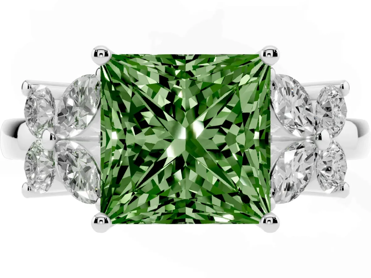 Fancy Green Princess Cut Diamond Floral Cluster Ring with Solitaire Band and Prong Setting Silver
