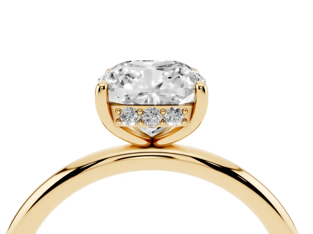 Cushion Cut Solitaire Diamond Ring with a Classic Band and Four-Prong Setting Yellow gold