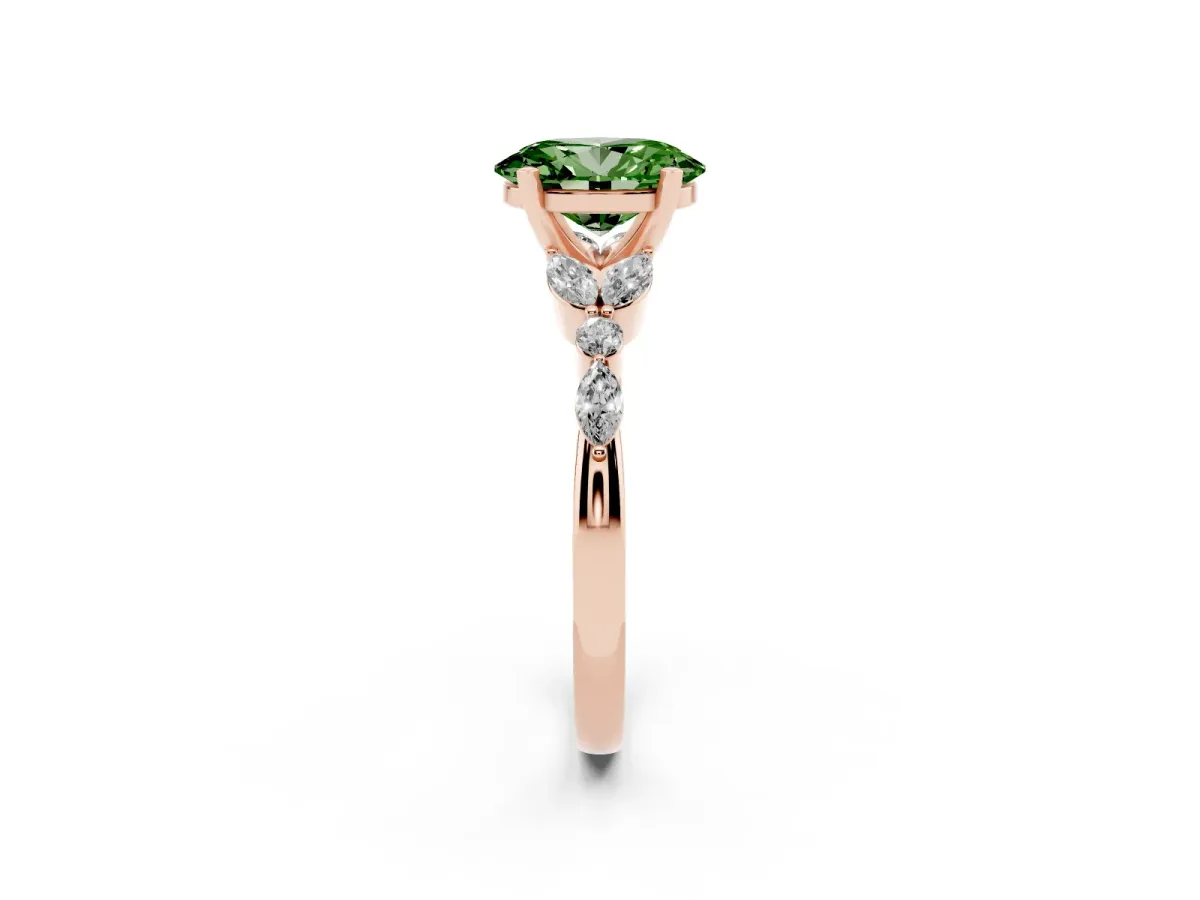 Fancy Green Oval Cut Diamond Solitaire Ring with Side Stones and Four-Prong Setting Rose gold