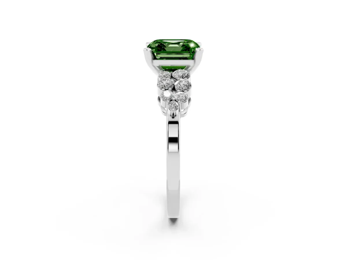Fancy Green Asscher Cut Cluster Diamond Engagement Ring with Pavé Band and Four-Prong Setting Platinum