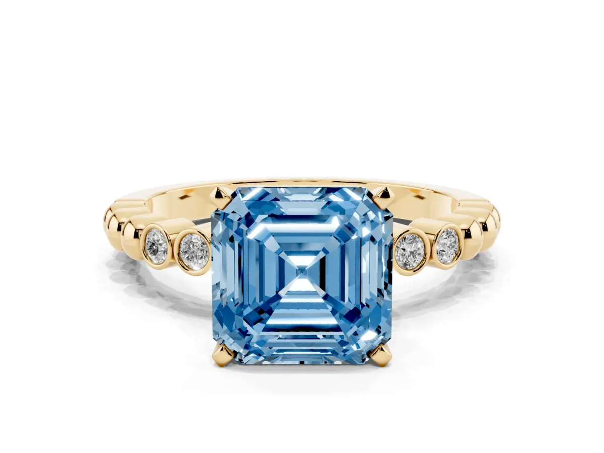 Fancy Blue Asscher Cut Solitaire Bezel Accent Diamond Engagement Ring with Beaded Band and Four-Prong Setting Yellow gold