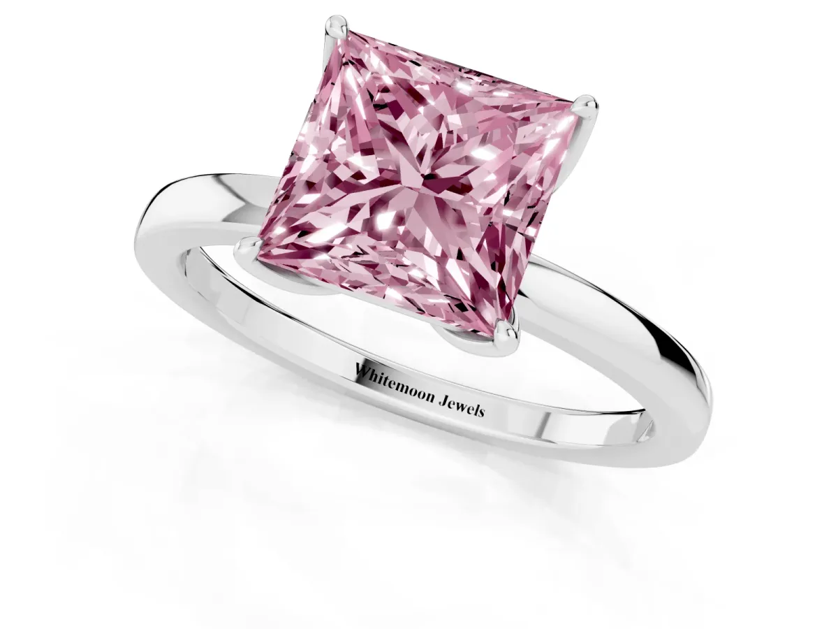 Fancy Pink Princess Cut Diamond Solitaire Ring with Thin Band and Prong Setting Silver